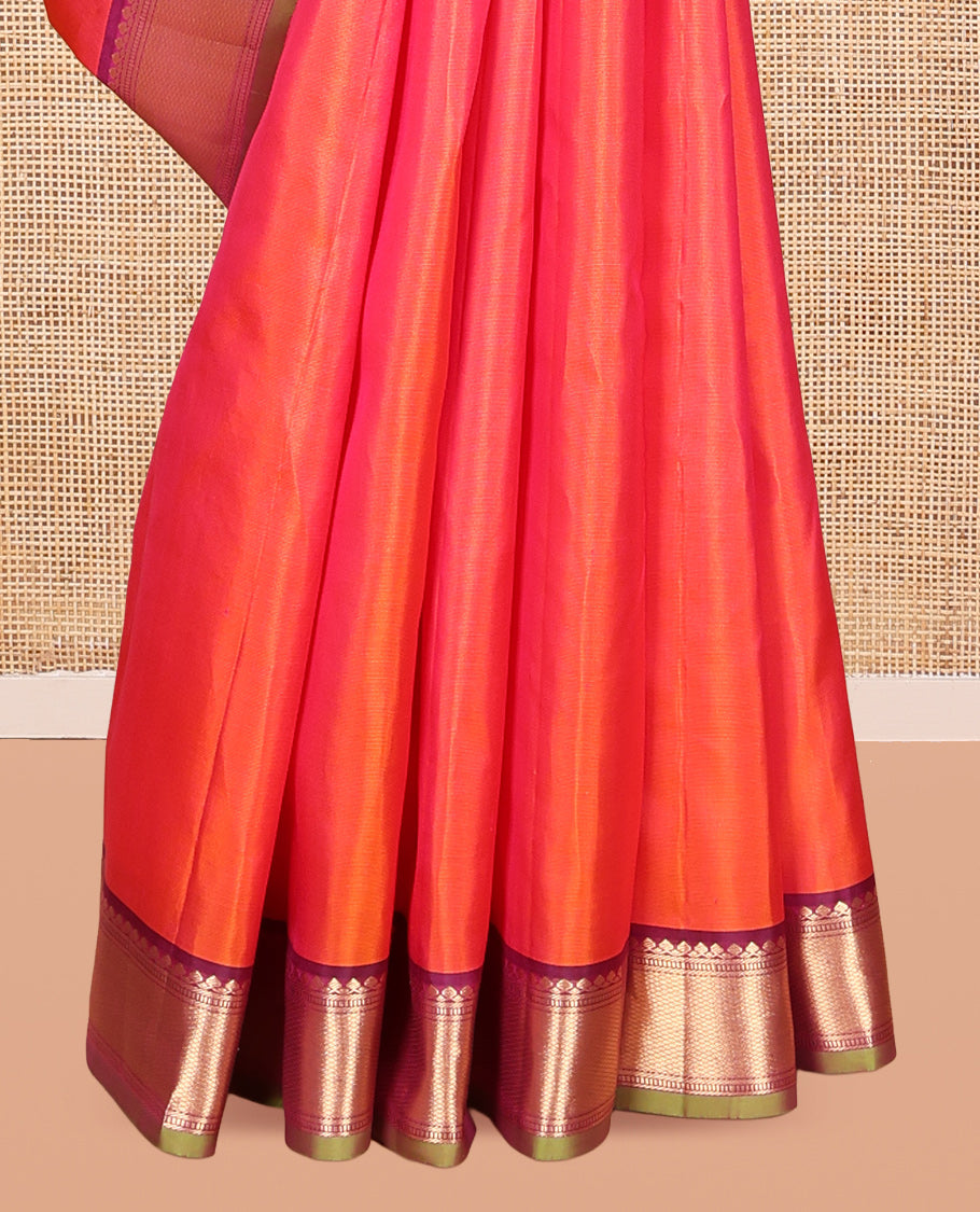 Orange Plain Kanchipuram Silk Saree, a Contrast Border of Thilakam Mokku, Banaras, Muthu, and Mayil Kann Designs, Intricately Patterned Pallu, and a Contrast Blouse
