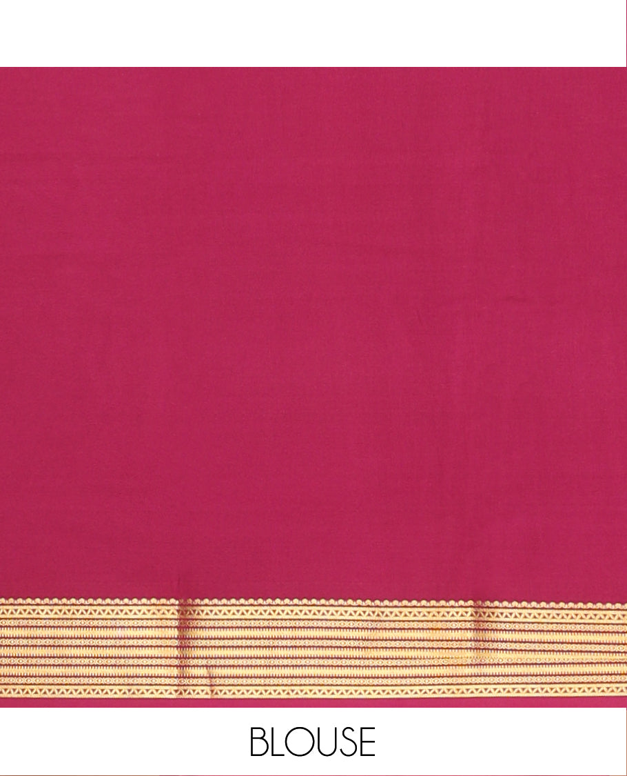 Green Plain Mysore Silk Saree Complemented by Captivating Contrast Traditional Zari Designs Woven Border, Gleaming Zari Striped Pallu and Paired with a Contrast Blouse