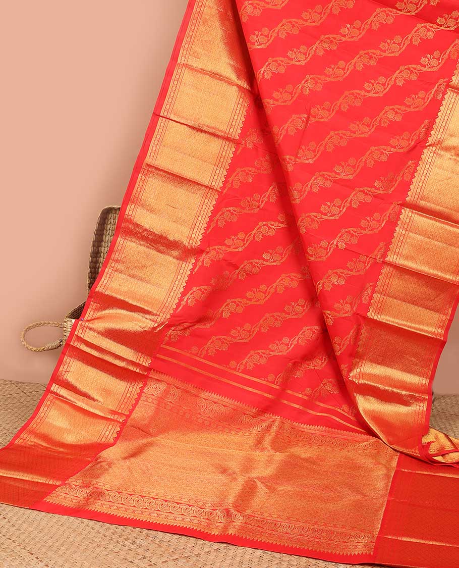 Red floral vine design kanchipuram silk saree with self border banaras, muthu, paun, checked design border & zari design pallu
