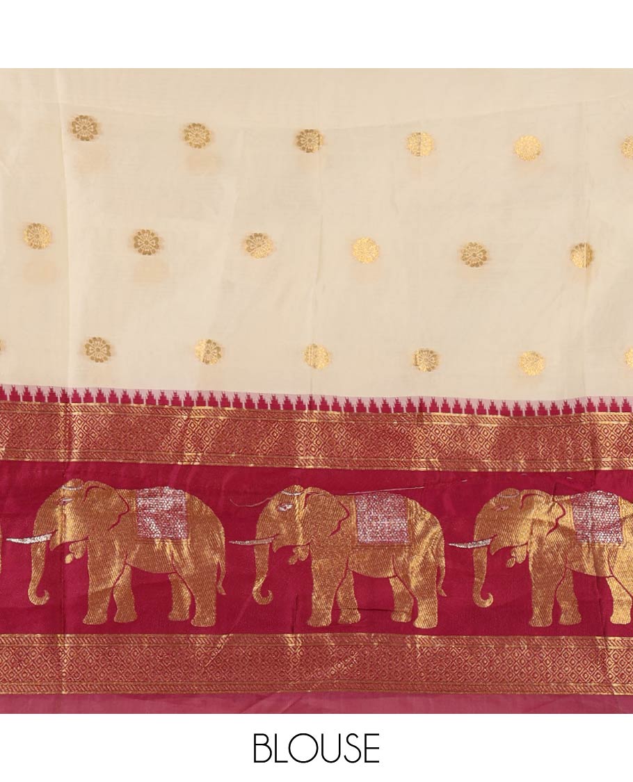 Cream semi-banaras half-saree, buttas & contrast traditional zari elephant border skirt, zari blouse & contrast-wine zari border georgette dhavani