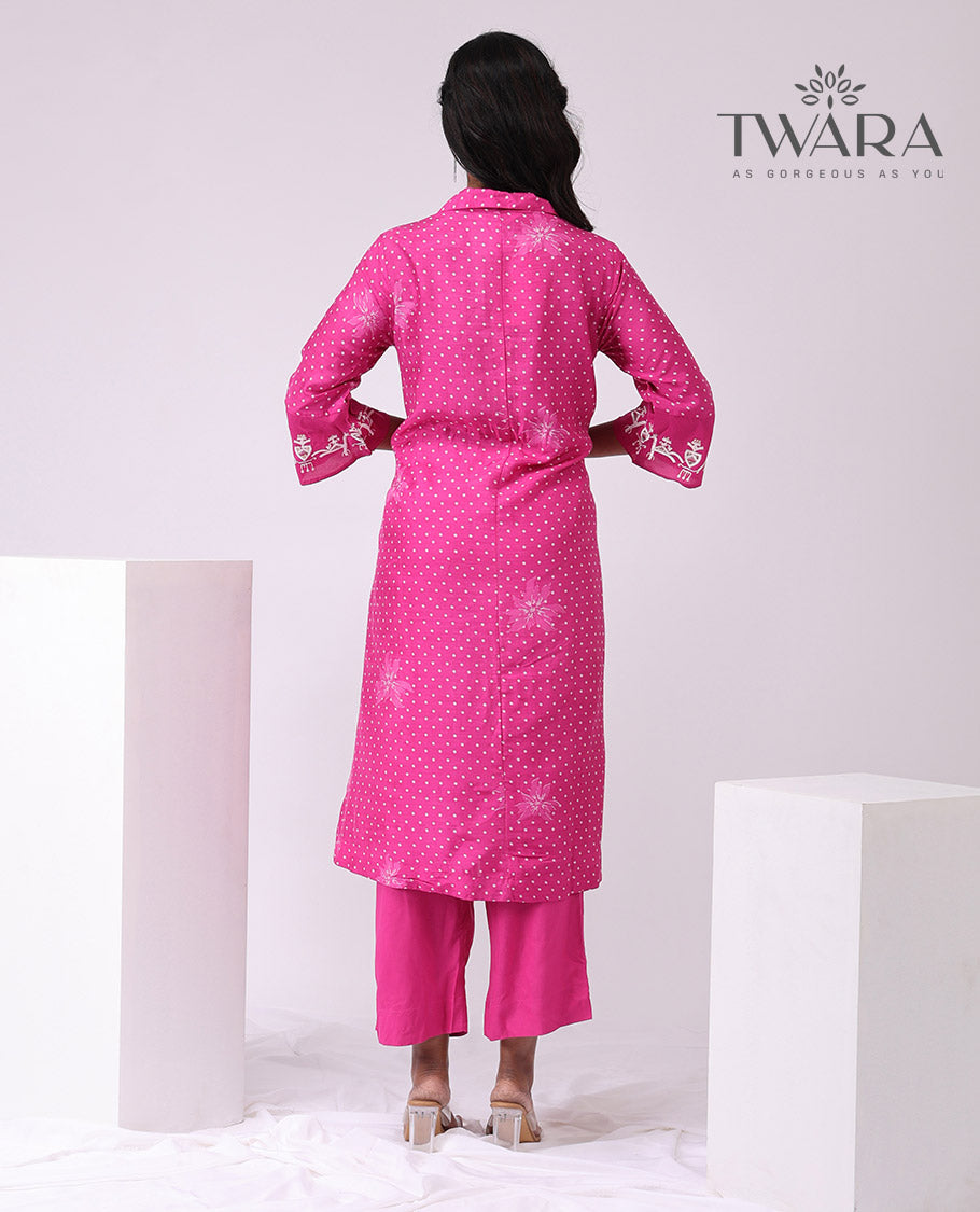 Twara Pink polka dot design v neck, 3/4 th sleeve , below knee lenght kuti with straight pants & floral design dupatta