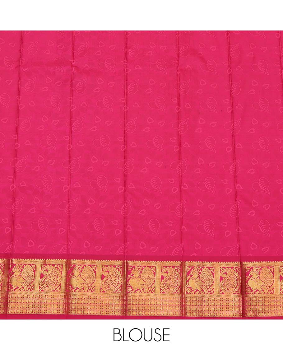 Green Budget Silk Saree, Accentuated with Floral Vine Design, Complemented by Contrast Peacock and Paisley Zari Border, a Jaal Pallu and a Contrast Blouse