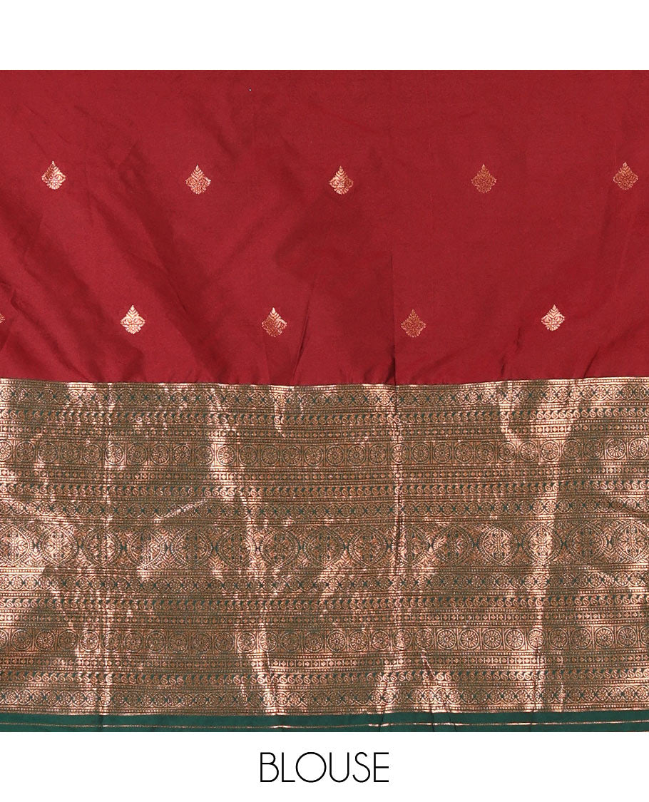 Maroon taffeta silk half-saree, zari buttas and contrast traditional zari bordered skirt, a matching blouse, and contrast embroidered satin georgette dhavani