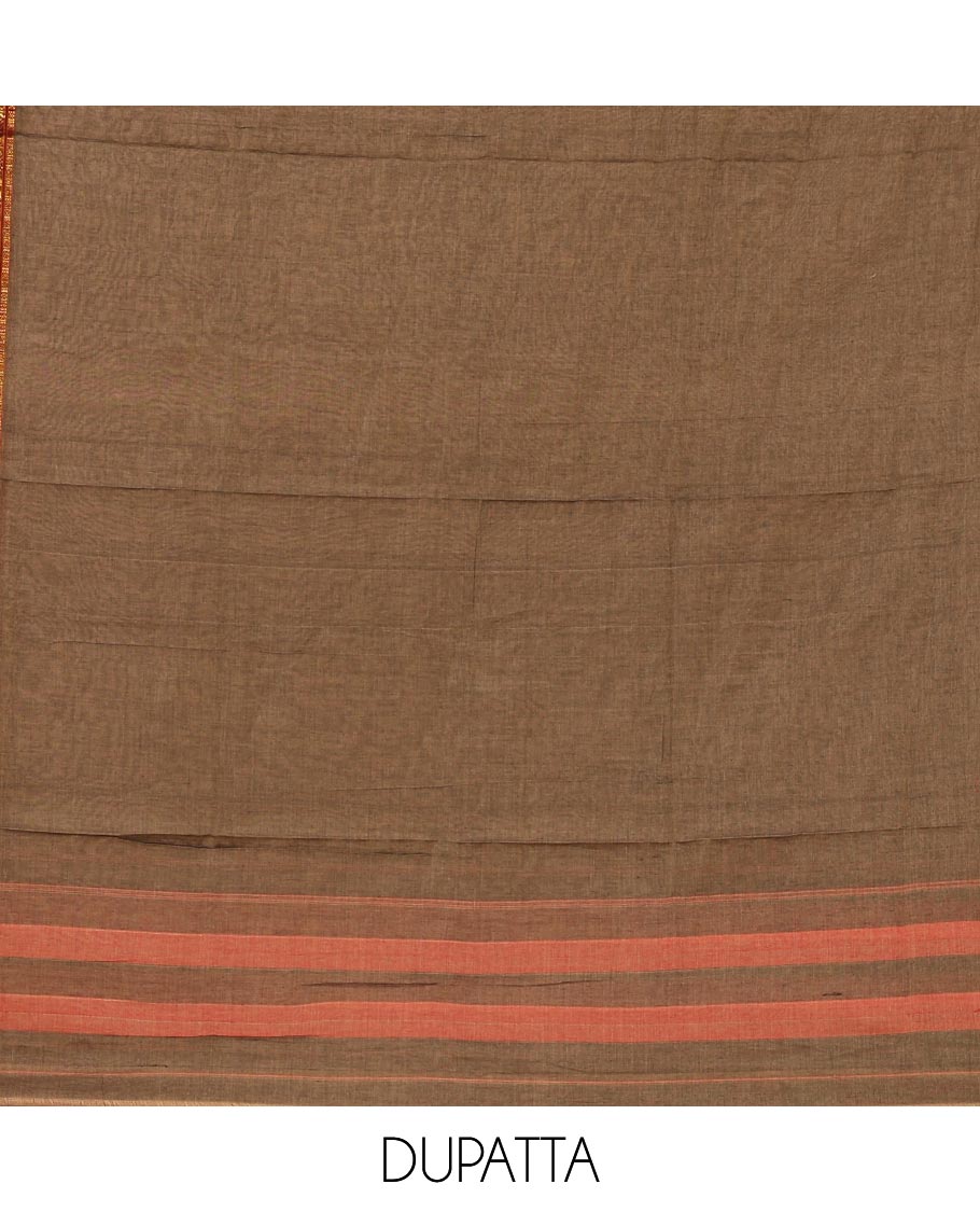 Walnut brown mercerized cotton material chudidar set,plain contrast traditional rudraksham border top,matching bottom & 2-sided rudraksham border dupatta