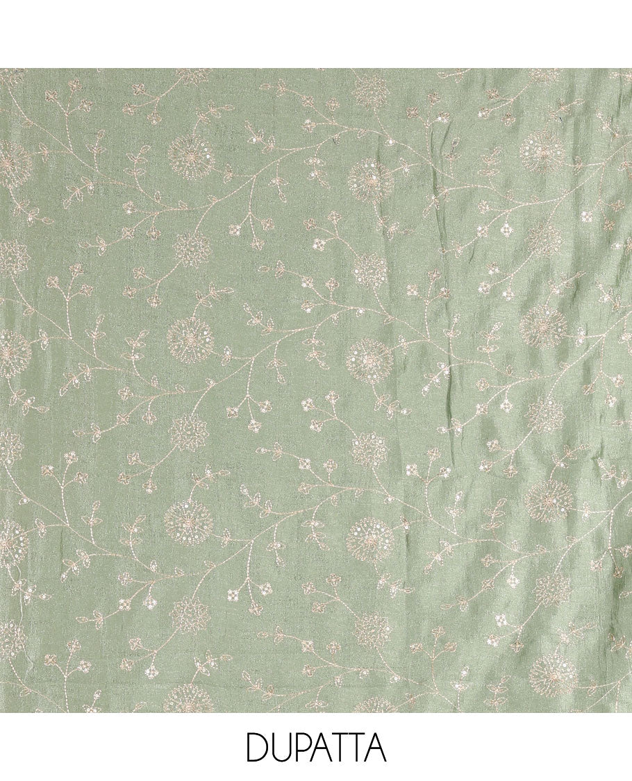 Dark green Vichitra silk material churidar set, floral motifs embroidered top, contrast Santoon bottom, and floral vine thread embroidered scallop dupatta