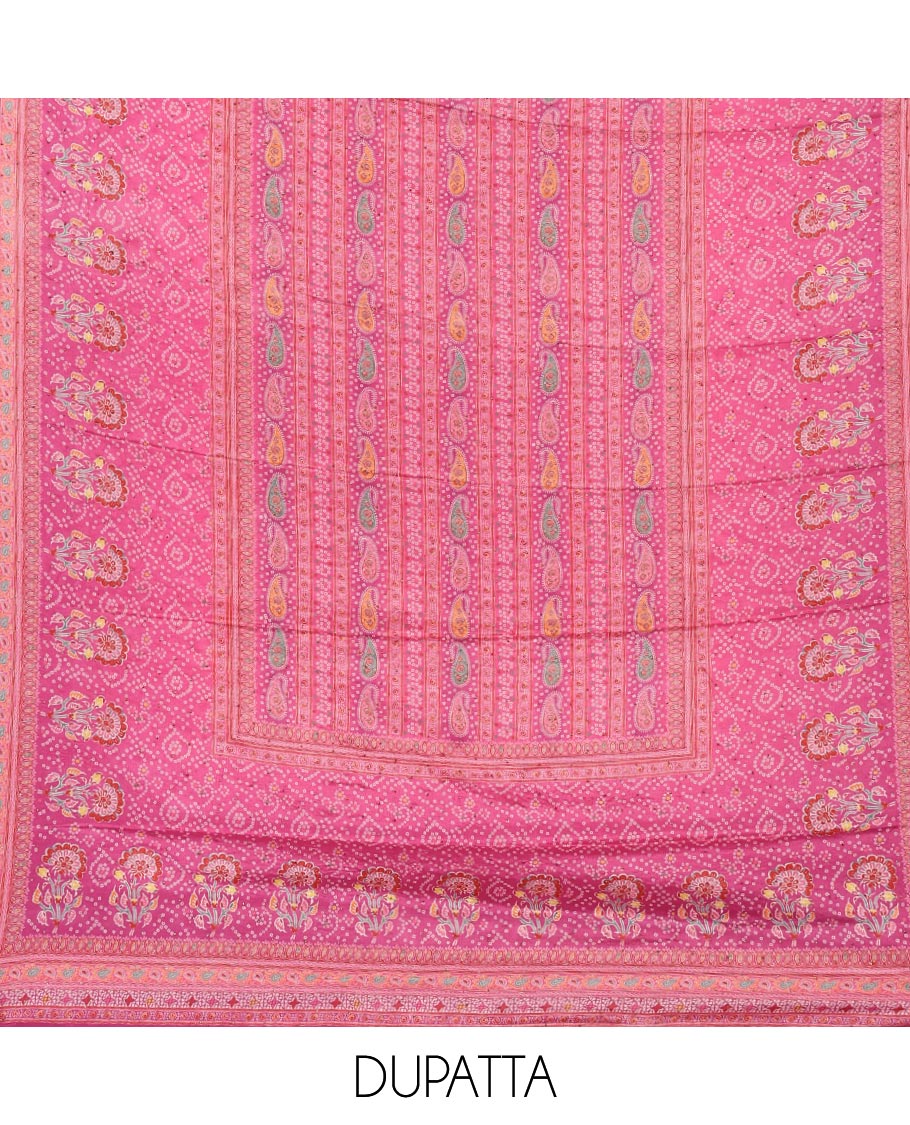 Deep pink bhandani print, floral design, swarovski work crepe chudidhar material top with american crepe pant & chinnon material bhandani print, swarovski work dupatta
