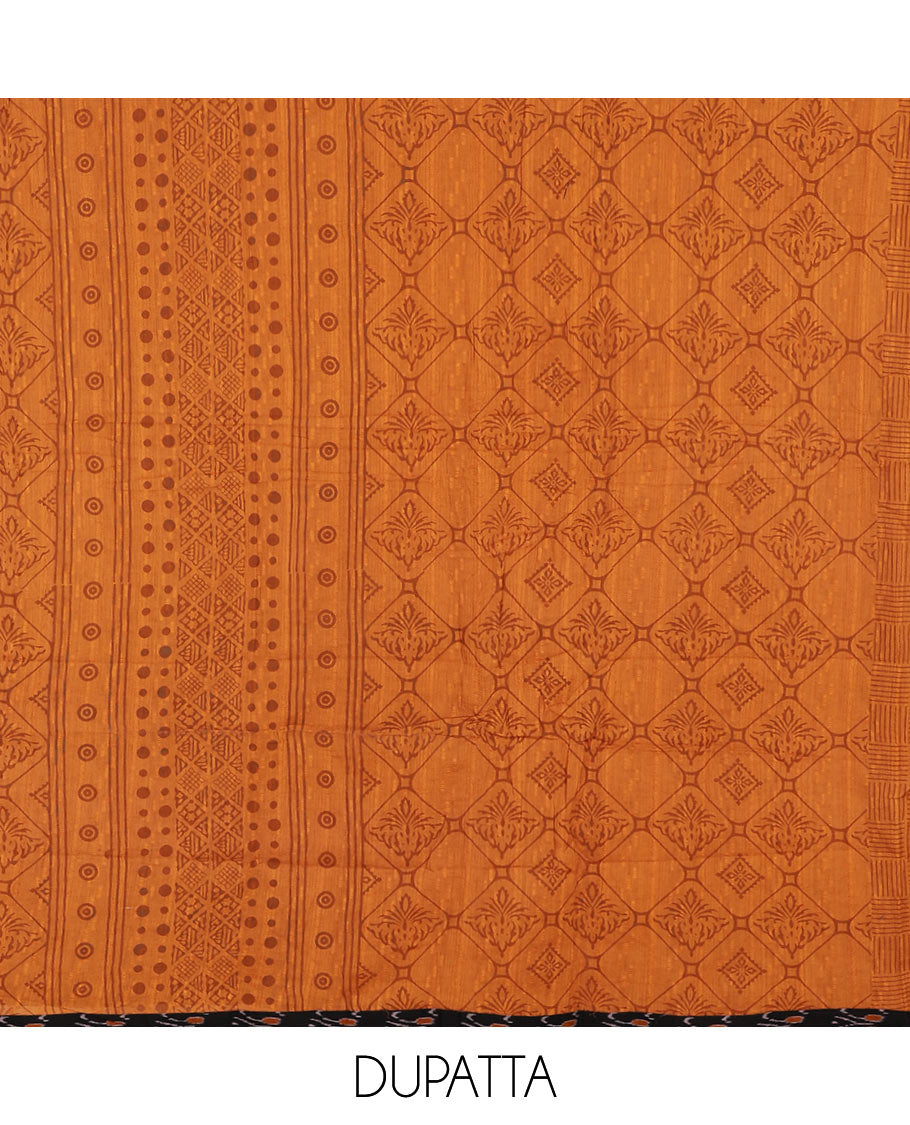 Black with mustard ikkat print fancy neck, katha work flex cotton chudidhar material top with cotton pants & negative print dupatta