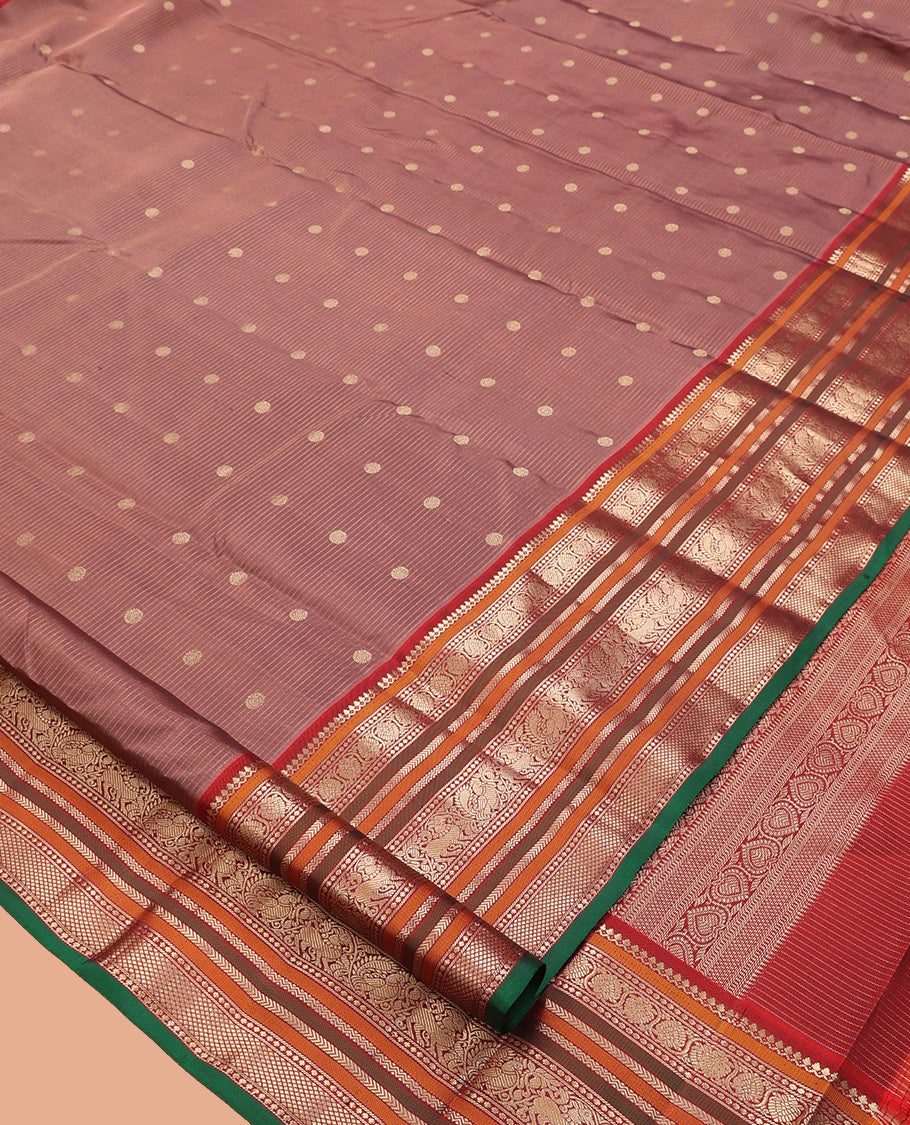Brown-Maroon Stripes-Buttas Vasundhara Silk Saree, Contrast Traditional Border, and Contrast Blouse