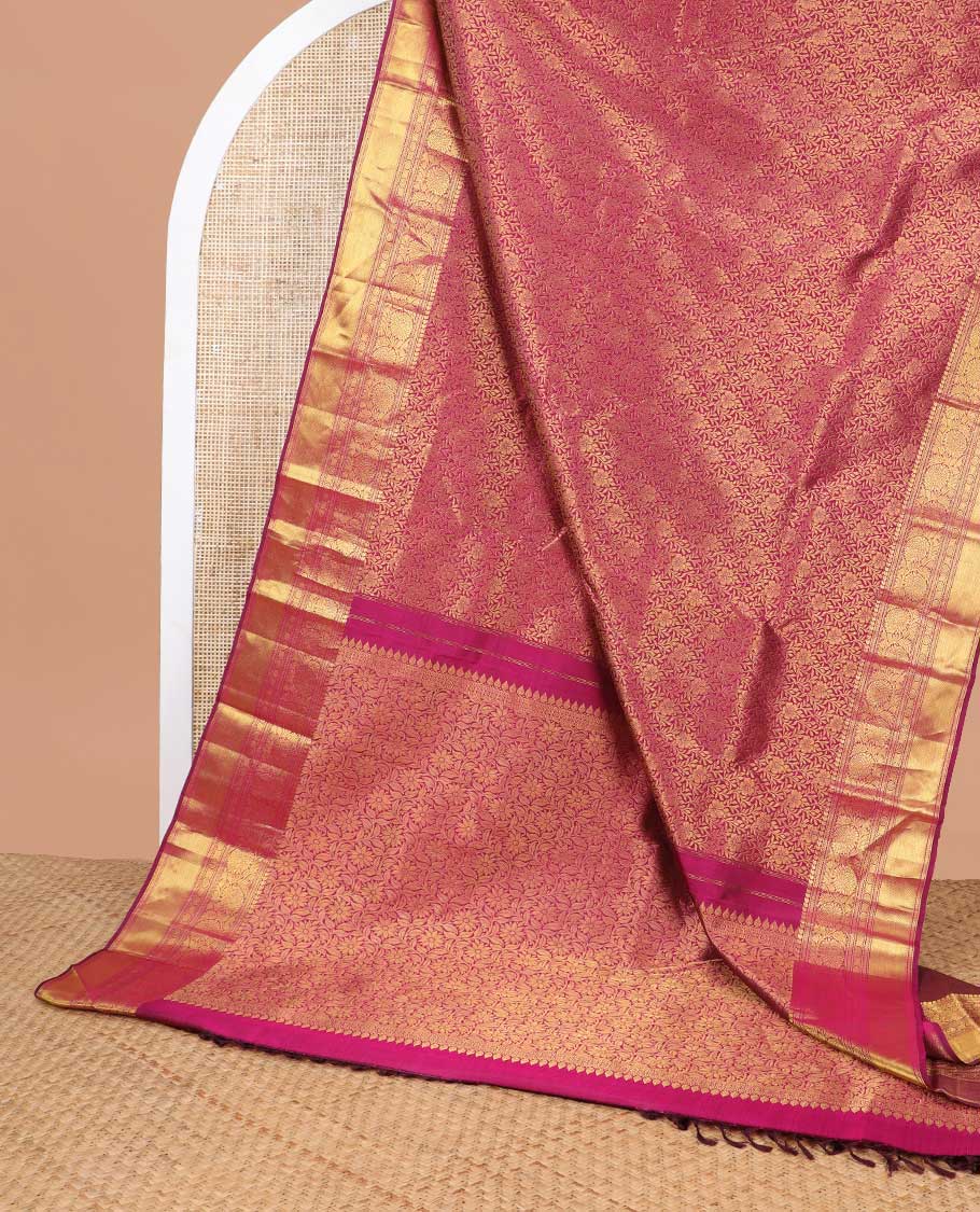 Dark pink floral vine design silk saree with self border of manga,muthu, kodi visiry banaras design & zari design pallu