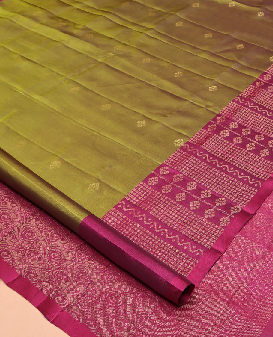 Green Mayuri Lite Silk Mix Saree, Graced with Zari Buttas All Over Its Body, Complemented by a Contrast Geometric Patterned Border, Grand Pallu, and Paired with a Contrast Blouse