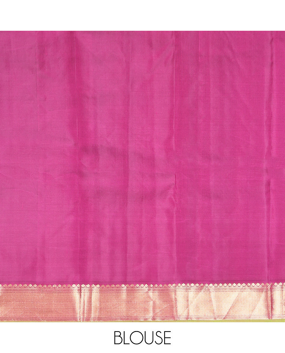 Orange Plain Kanchipuram Silk Saree, a Contrast Border of Thilakam Mokku, Banaras, Muthu, and Mayil Kann Designs, Intricately Patterned Pallu, and a Contrast Blouse