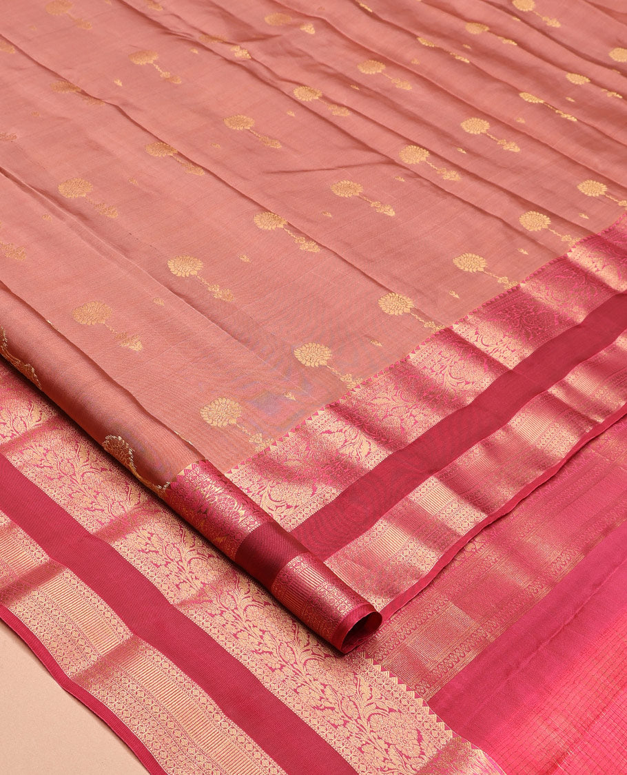 Rosewood Pink Vasundhara Lite Silk Mix Saree, Mesmerized with Zari Buttas, a Contrast Rettai Pettu Border of Rekku, Muthu, Lavangam, Poun, and Kodi Visiry Designs, Grand Pallu, and a Contrast Blouse