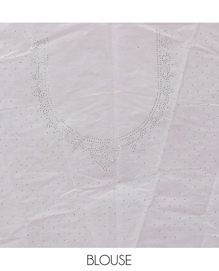 Off-white Banarasi Half-Saree, Finely Crafted with Bead Work Skirt, a Contrast Stone Work Border, Matching Blouse, and Contrast Scallop Stone Work Dupatta