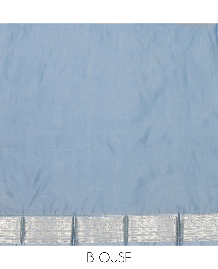 Blue Budget Silk Saree, Embellished with Zari Buttas All Over Its Body, Complemented by a Contrast Traditional Zari Design Border, Mughal-Style Floral Designs Pallu, and Paired with a Contrast Blouse