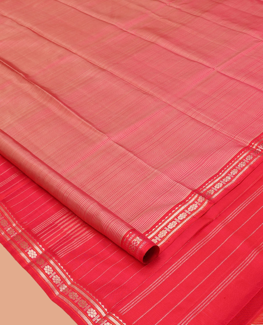Pink Striped Kanchipuram Silk Saree, Complemented by a Contrast Border of Rekku, Vanki, and Kamalam Designs, Zari Muthu Striped Pallu, and Paired with a Contrast Blouse