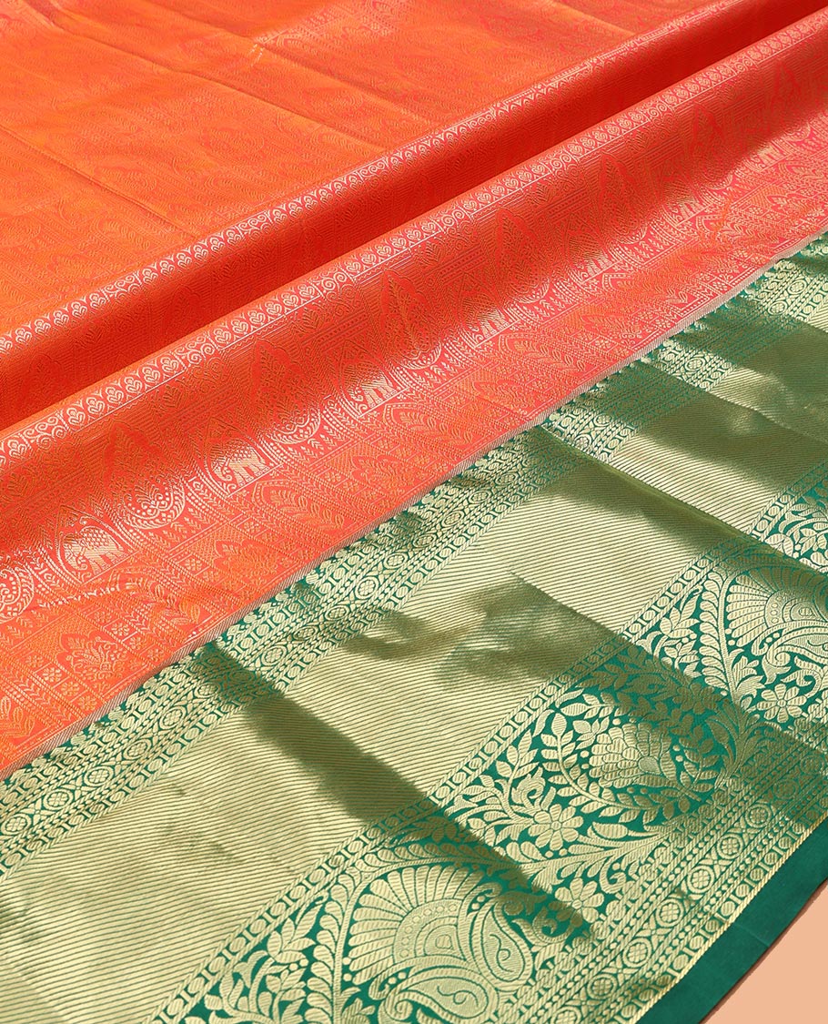 Orange Art Silk Material Half Saree Set, Accentuated with Jacquard Skirt, a Contrast Traditional Zari Design Border, Contrast Blouse, and Zari Designs Dhavani