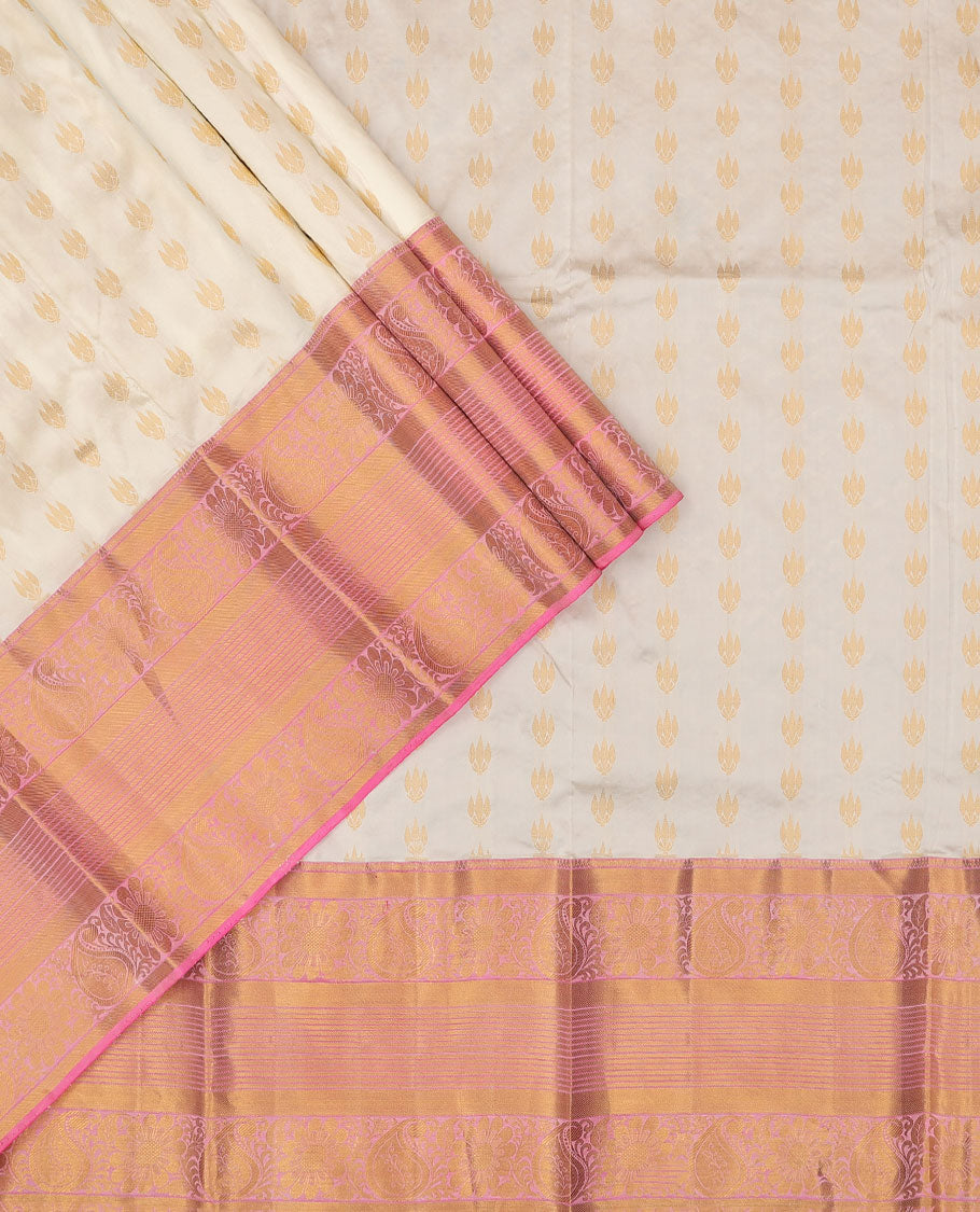 white floral buttas pure silk half saree with contrast intricate zari design border, zari design blouse & floral zari design dhavani