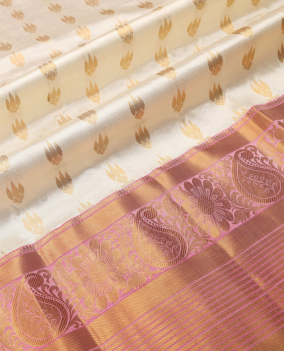 white floral buttas pure silk half saree with contrast intricate zari design border, zari design blouse & floral zari design dhavani