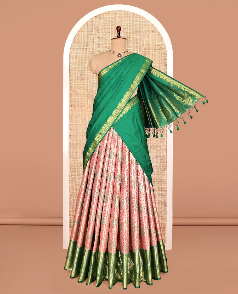 Peach Art Silk Half-Saree, Majestically Detailed with Jacquard Design, Contrast Traditional Zari Border, Paired with a Contrast Jacquard Blouse, and an Intricate Dhavani