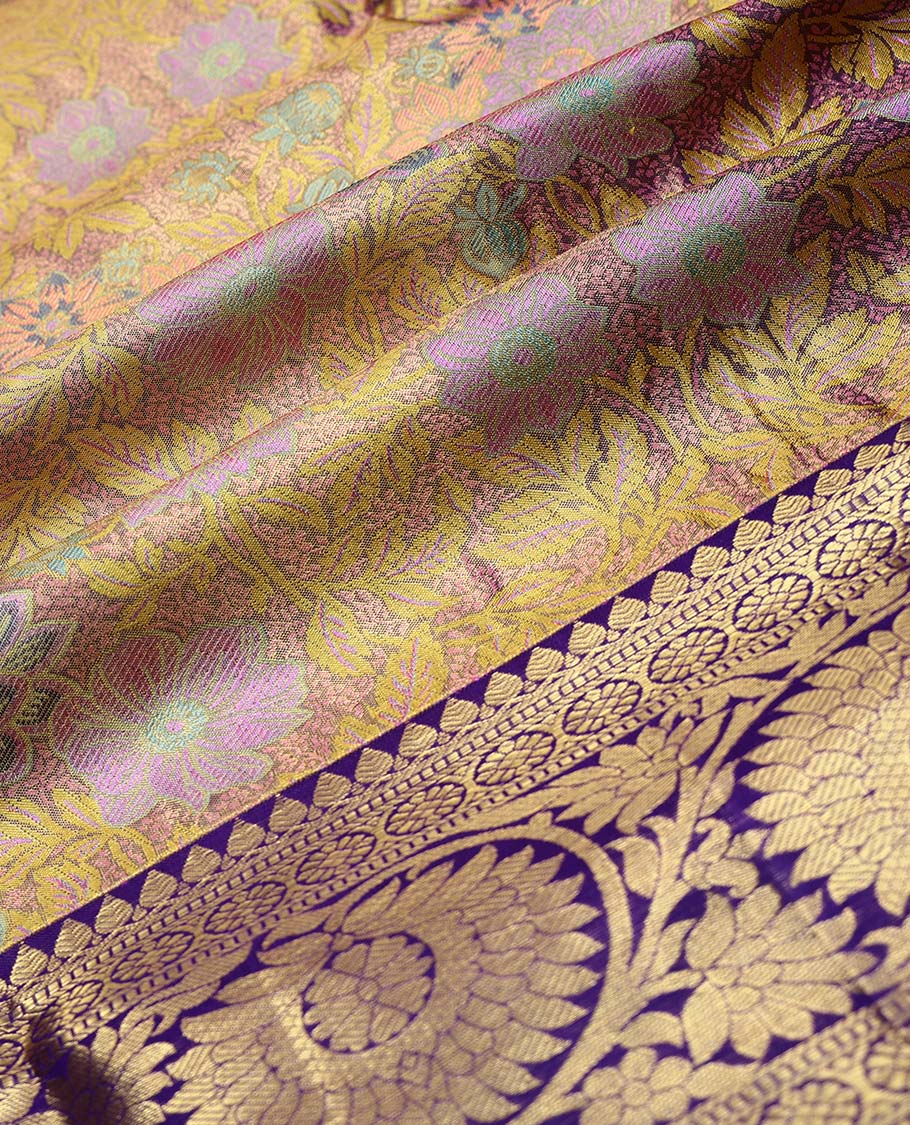 Violet floral jacquard pure silk half saree with contrast traditional design border , zari design blouse & checked, floral design dhavani