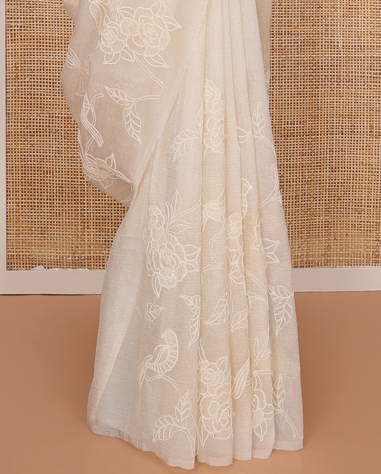 Borderless cream floral vine and bird motifs thread embroidered tissue saree, floral vine thread embroidered pallu