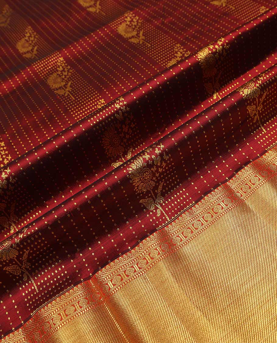 Maroon pure silk half saree, zari design skirt, contrast border and blouse of thilakam mokku, muthu, rudraksham, and manga design, and zari design dhavani