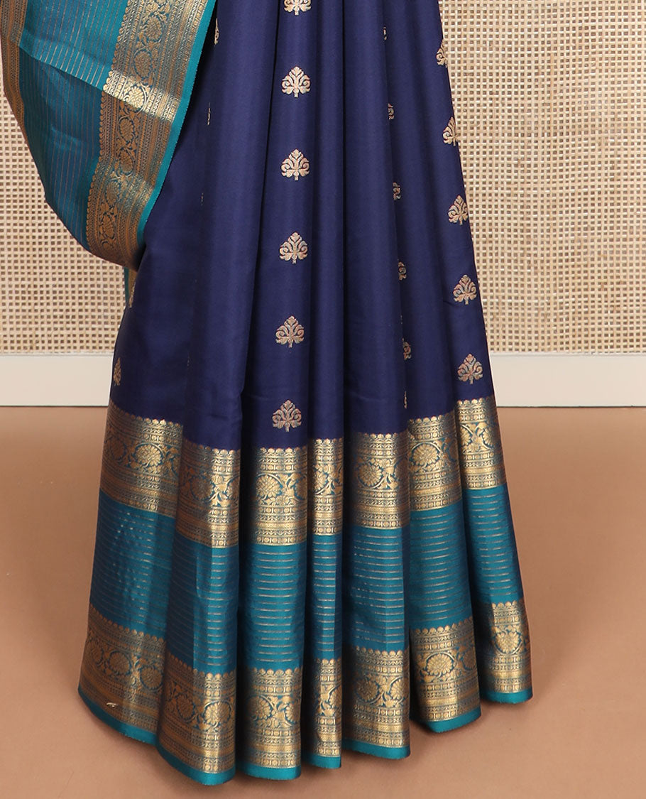 Blue zari buttas vasundhara silk mix saree, contrast geometric pallu & border of thilakam mokku,neli,poun,stripes & kodi visiry