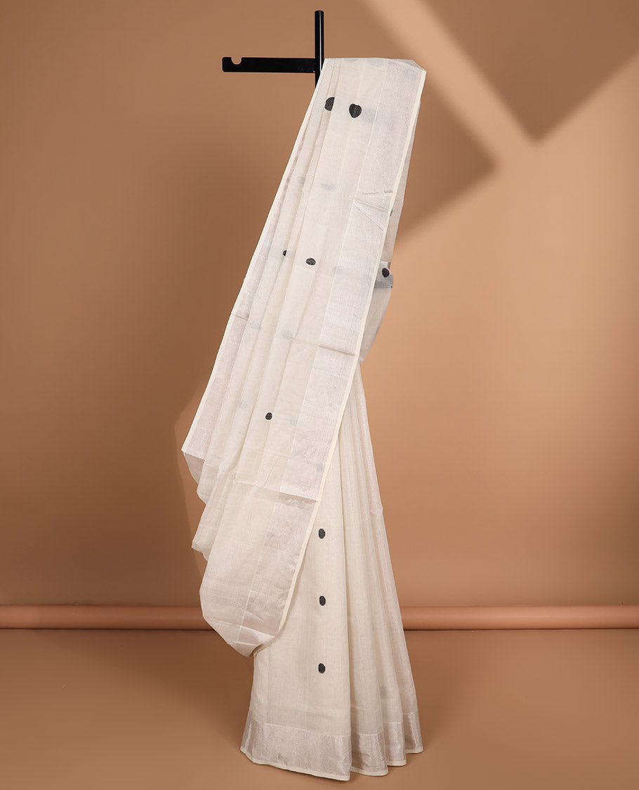 White polka dot kasavu saree with self zari border & striped, polka dot design pallu