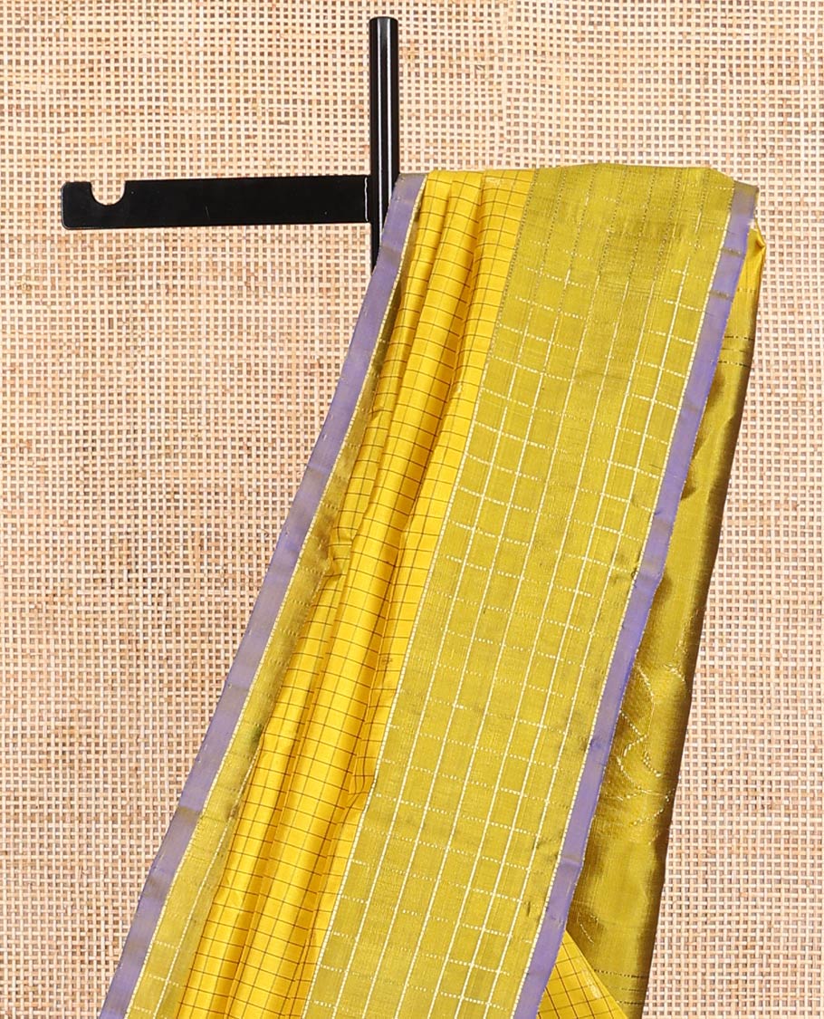 Light green checked kancheepuram silk saree with contrast checked border & floral design pallu