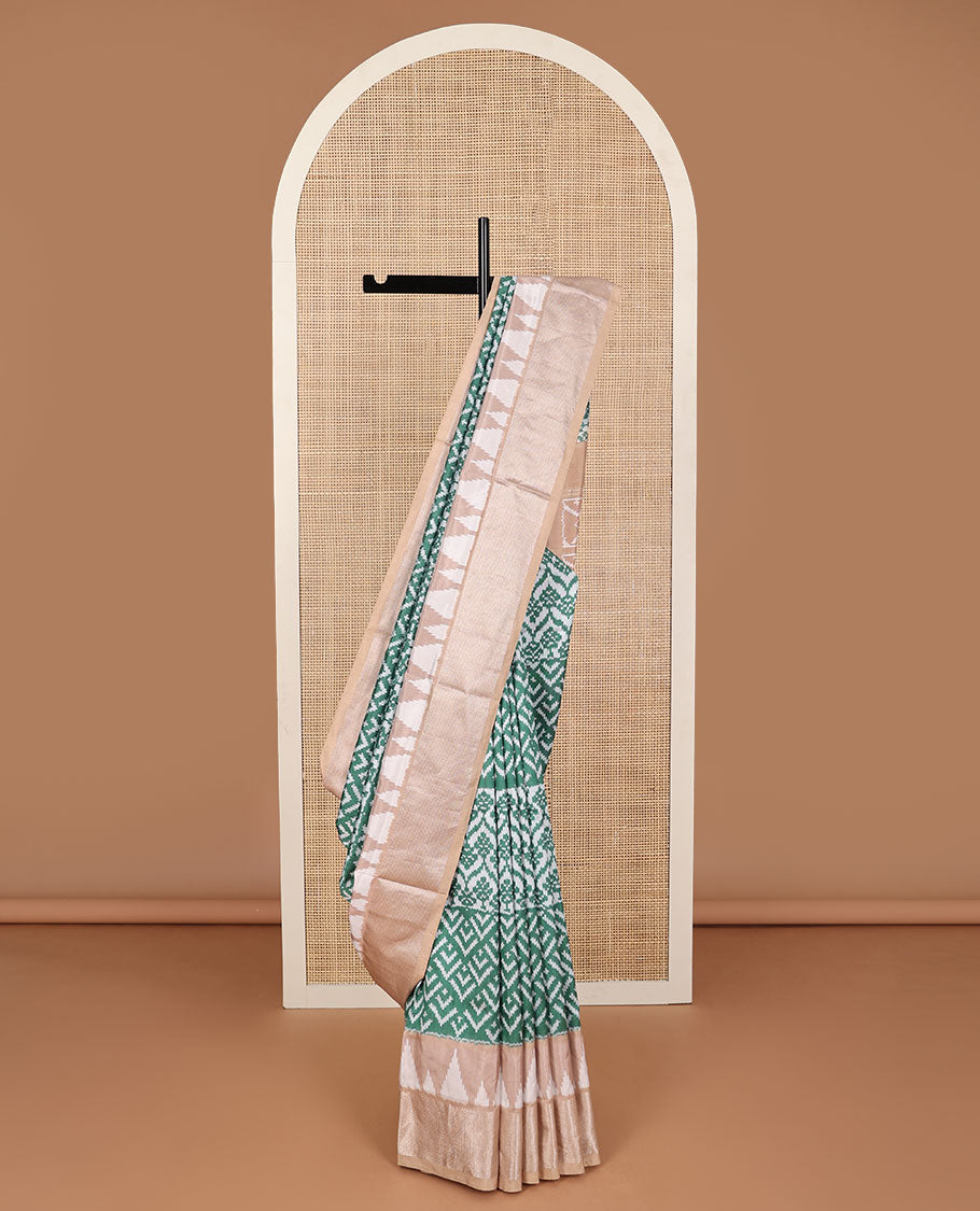 Green ikkat pure silk saree with floral & chevron ikkat design, contrast vidarbha border & ikkat design pallu