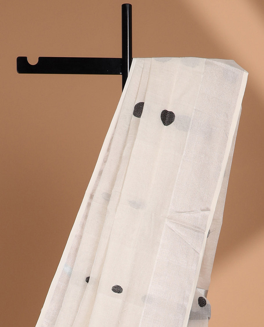 White polka dot kasavu saree with self zari border & striped, polka dot design pallu