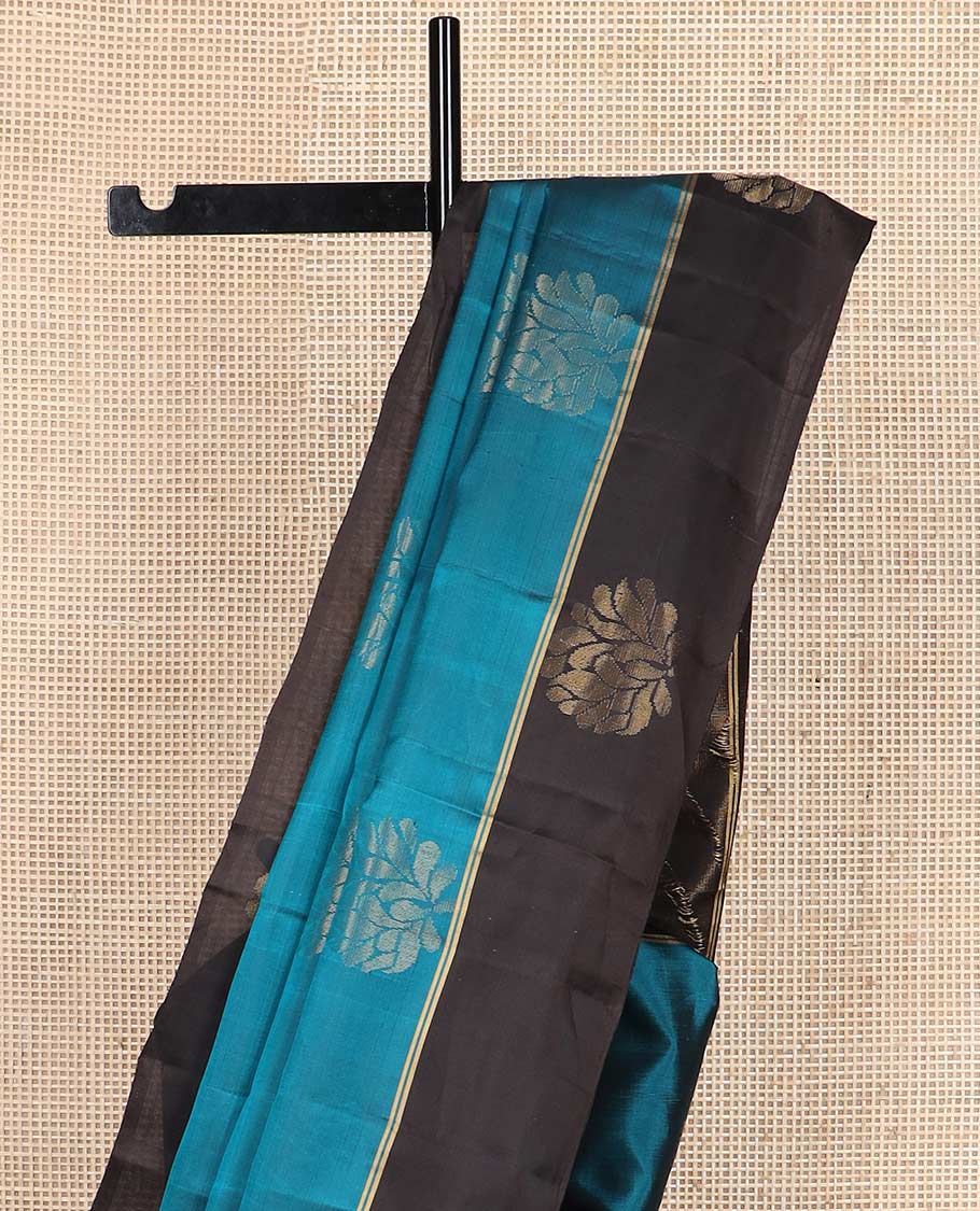 Blue zari buttas silk mix saree, contrast floral design border & pallu of geometric designs