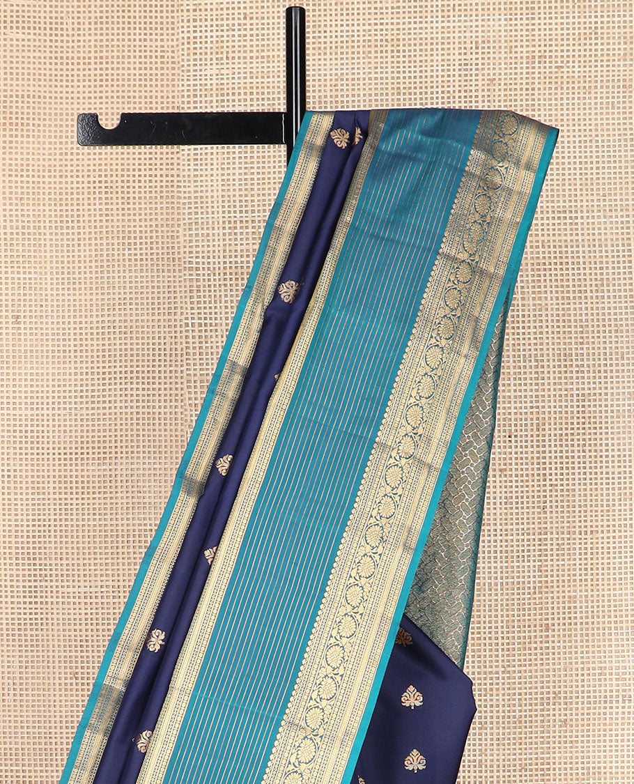 Blue zari buttas vasundhara silk mix saree, contrast geometric pallu & border of thilakam mokku,neli,poun,stripes & kodi visiry