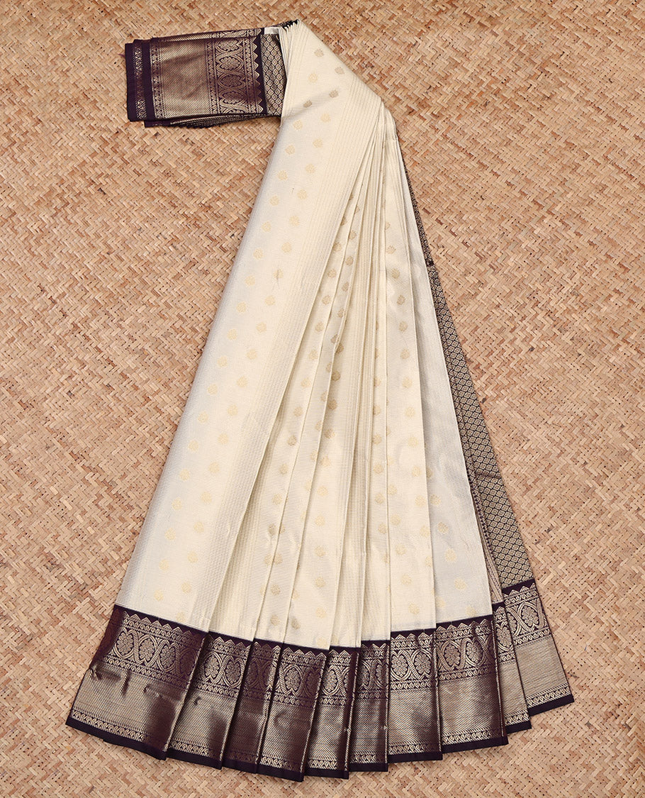 Cream Budget Silk Saree, Gleamed Up with Zari Buttas and Checks, Complemented by a Contrast Traditional Zari Border, Grand Pallu, and a Contrast Blouse