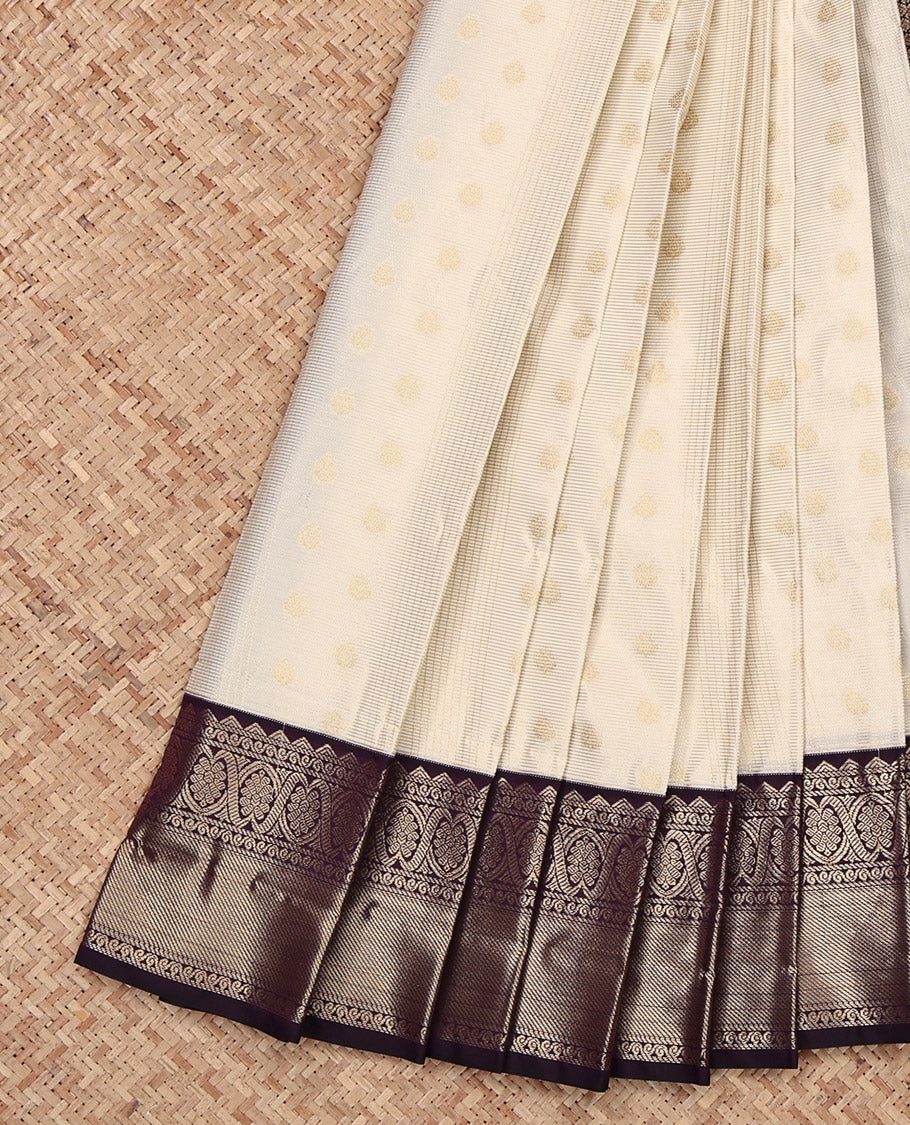 Cream Budget Silk Saree, Gleamed Up with Zari Buttas and Checks, Complemented by a Contrast Traditional Zari Border, Grand Pallu, and a Contrast Blouse