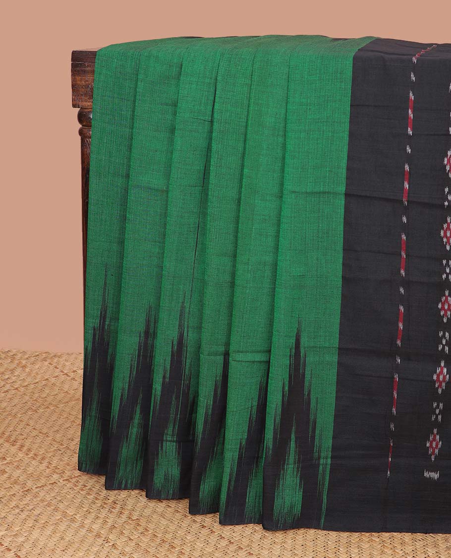 Green ikkat cotton saree with self temple border & floral design pallu