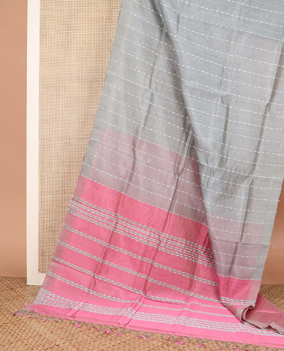 Borderless grey thread striped Mangalagiri cotton saree, contrast pallu woven with thread stripes