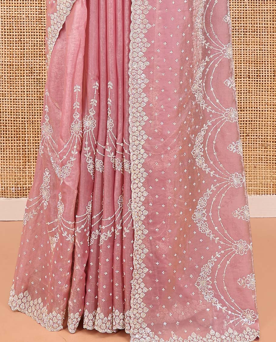 Pink Designer Saree, Meticulously Crafted with Stone Work All Over Its Body, Scallop Embroidered Border, Intricately Embroidered Pallu, and Paired with a Matching Blouse
