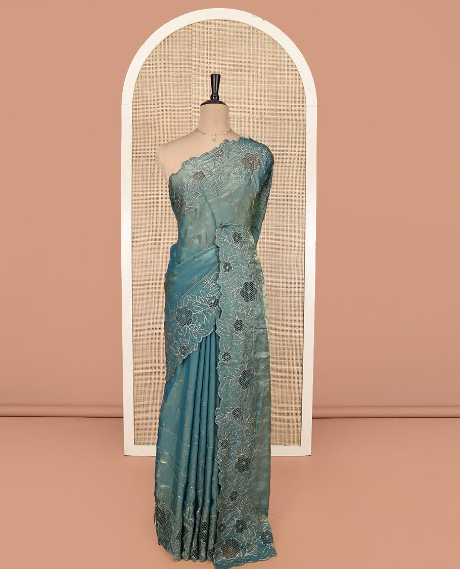 Peacock Blue Designer Saree, Spotlighted with Stonework, Scallop-Cut Stonework Border, Self Pallu, and Matching Blouse