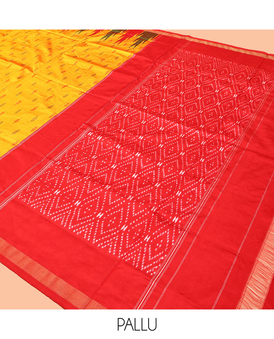 Yellow Pochampally Ikat Silk Saree, Ornamented with Ikat Buttas, Complemented by a Contrast Temple Border, Striped Pallu, and a Contrast Blouse