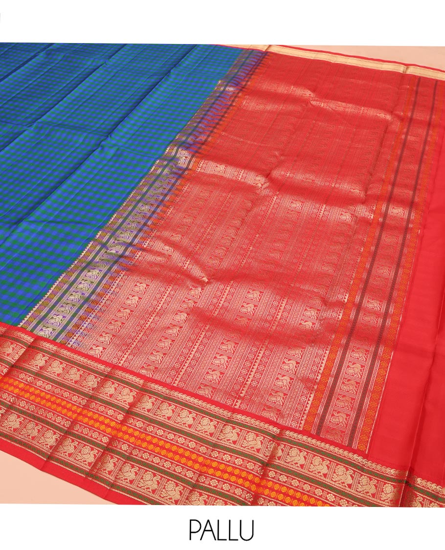 Blue and Green Kanchipuram Silk Saree, Decked Up with Checked Design on Its Body, Complemented by a Contrast Border of Thilakam Mokku, Mayil, Laddu Kamalam, and Rudraksham Designs, Pallu Steeped with Traditional Designs, and Paired with a Contrast Blouse