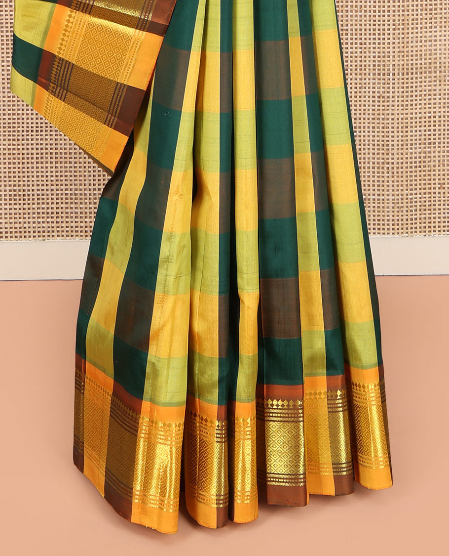 Multi-Color Kanchipuram Silk Saree, Elevated with Palum Pazhamum Checked Design on Its Body, Complemented by a Contrast One-Sided Border of Panner Sombu, Banaras, Muthu, and Mayil Kann Designs, Pallu of Zari Designs, and Comes Without a Blouse