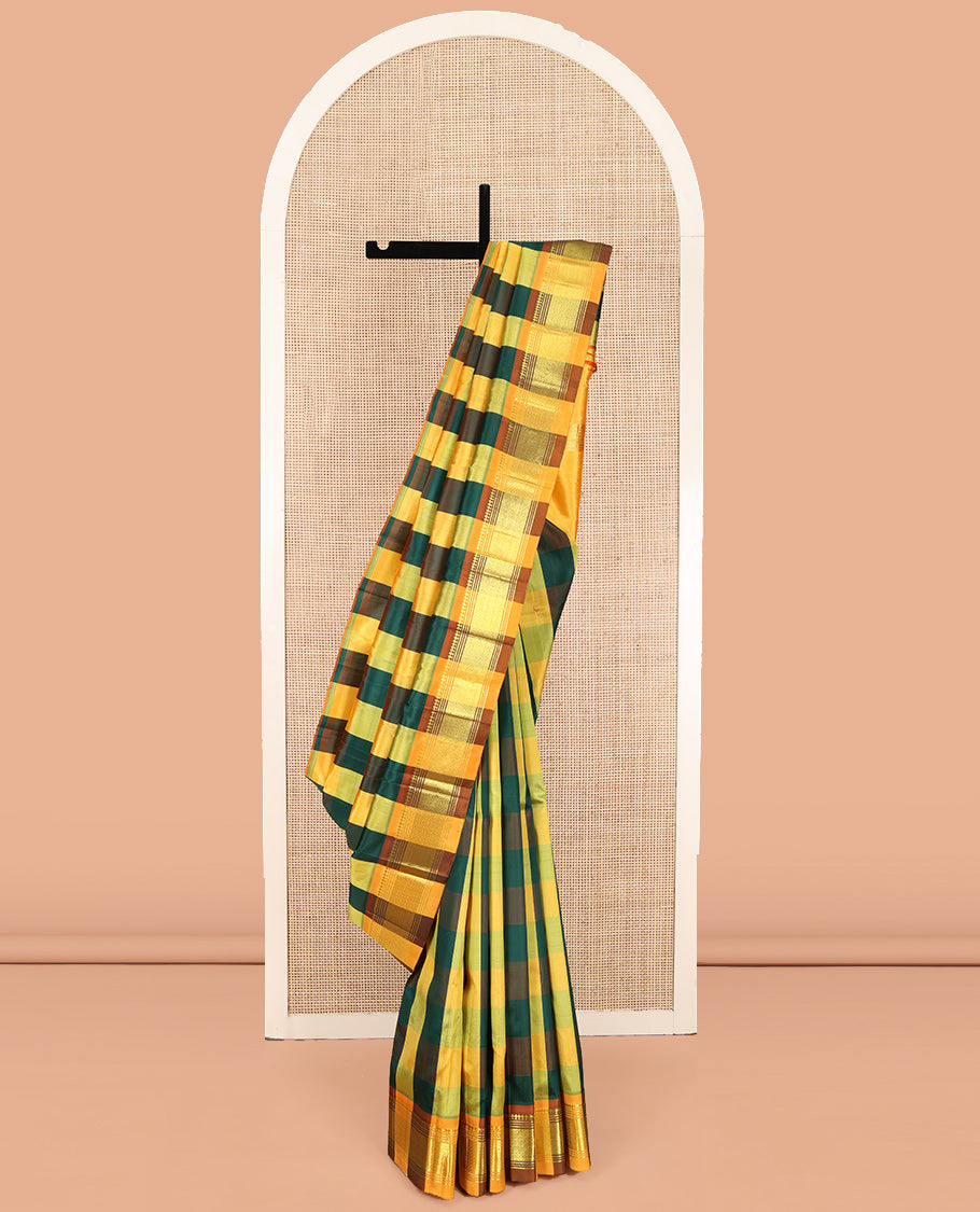 Multi-Color Kanchipuram Silk Saree, Elevated with Palum Pazhamum Checked Design on Its Body, Complemented by a Contrast One-Sided Border of Panner Sombu, Banaras, Muthu, and Mayil Kann Designs, Pallu of Zari Designs, and Comes Without a Blouse