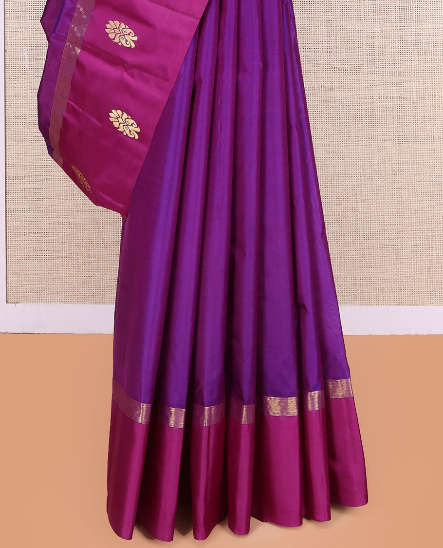 Purple Kanchipuram Silk Saree, Woven with Zari Buttas, a Contrast Zari Buttas Woven Border, Zari Design Pallu, and a Contrast Blouse