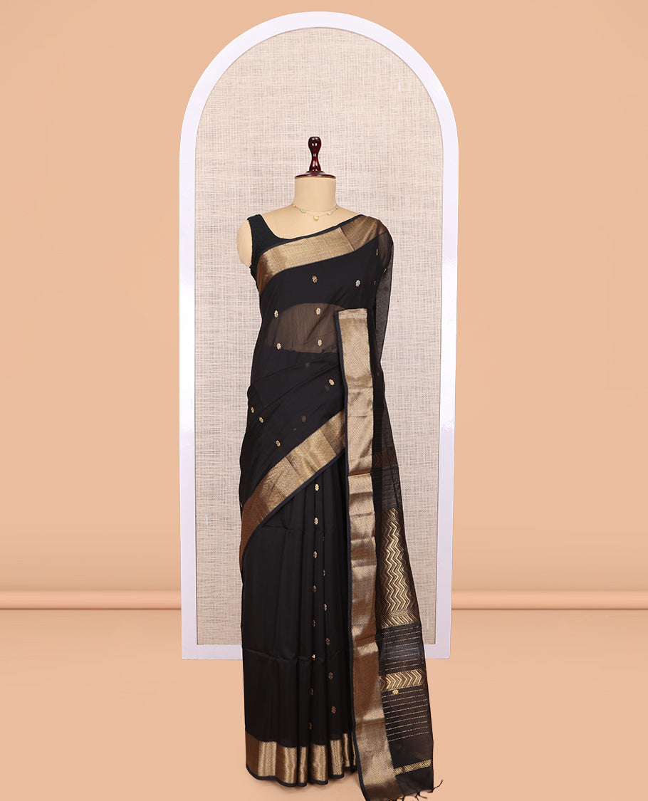 Black Maheshwari Cotton Saree, Accentuated with Buttas, Highlighted by a Traditional Zari Border, Pallu of Chevron Stripes, and a Matching Blouse