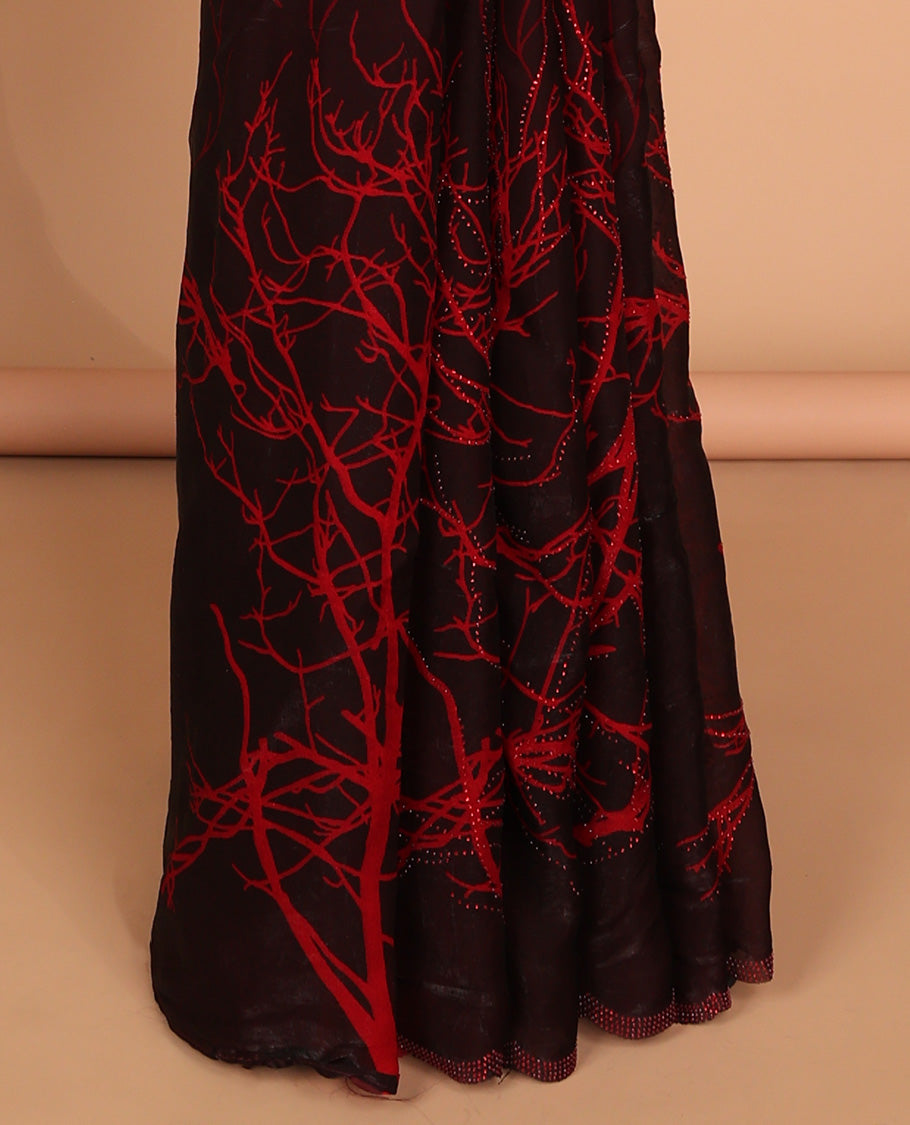 Red with maroon digital print, diamond work fendy satin saree with stone work border