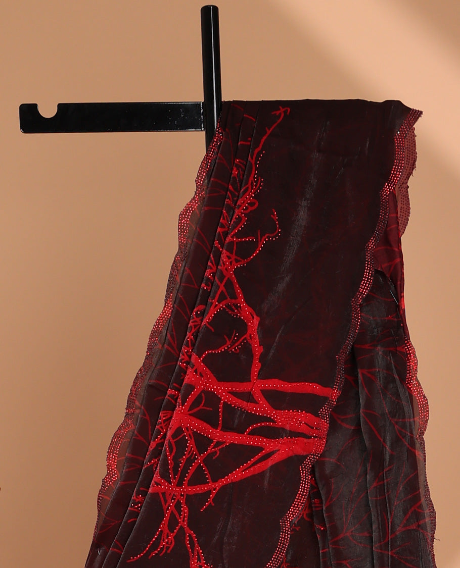 Red with maroon digital print, diamond work fendy satin saree with stone work border