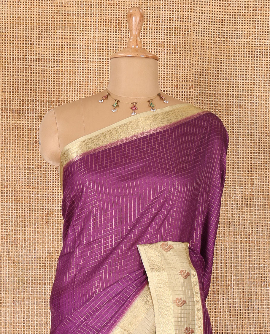 Purple gold zari checked katan silk saree with contrast traditional zari border of peacock print, peacock printed pallu, and contrast printed blouse