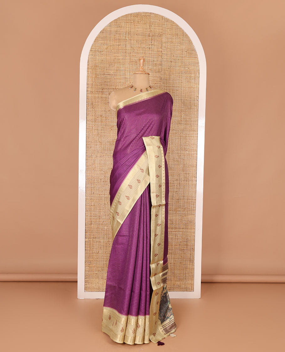 Purple gold zari checked katan silk saree with contrast traditional zari border of peacock print, peacock printed pallu, and contrast printed blouse