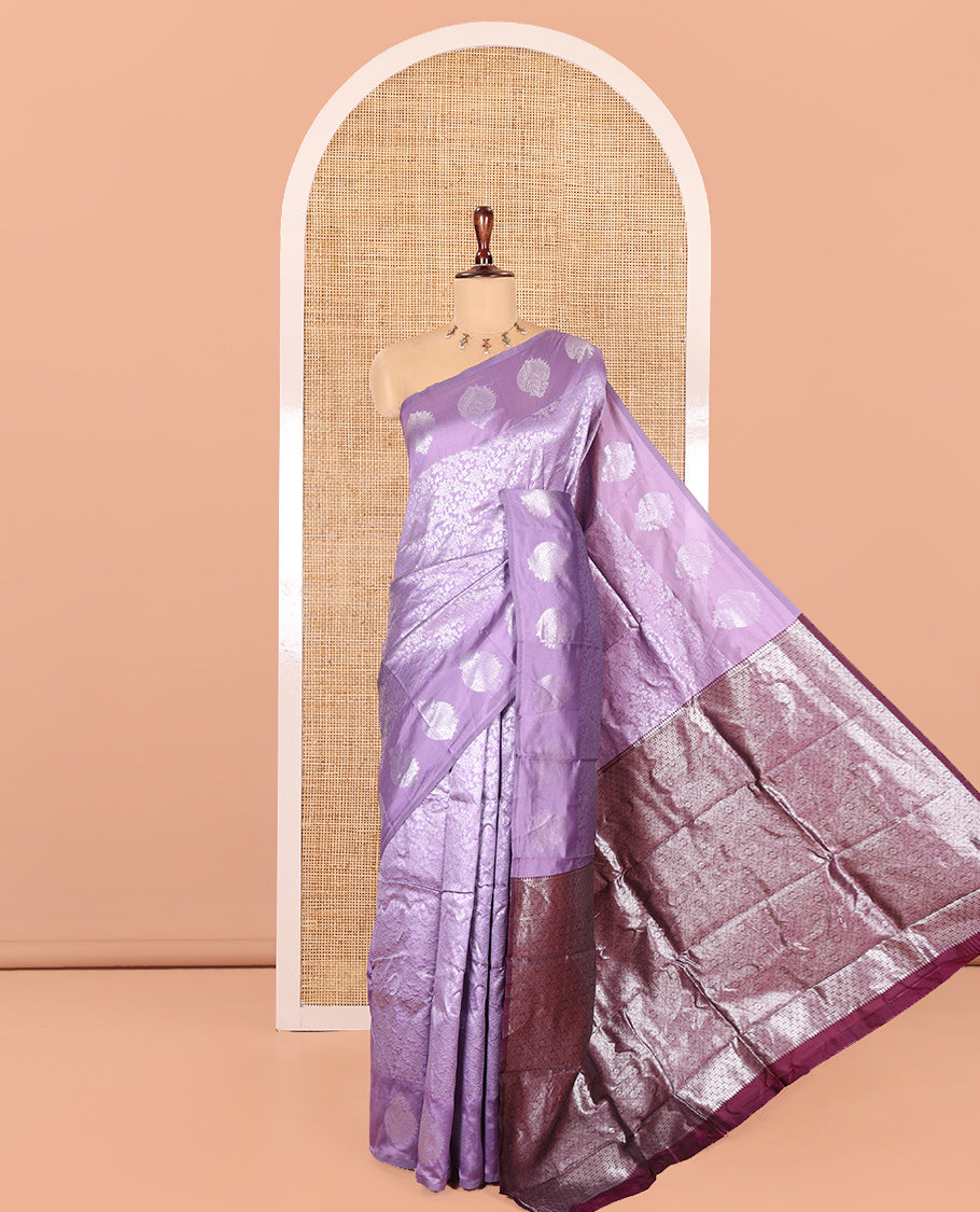 Lavender Art Kanchi Silk Saree Features Jacquard Design, a Zari-Motif Border, Contrast Intricate Pallu, and a Contrast Blouse